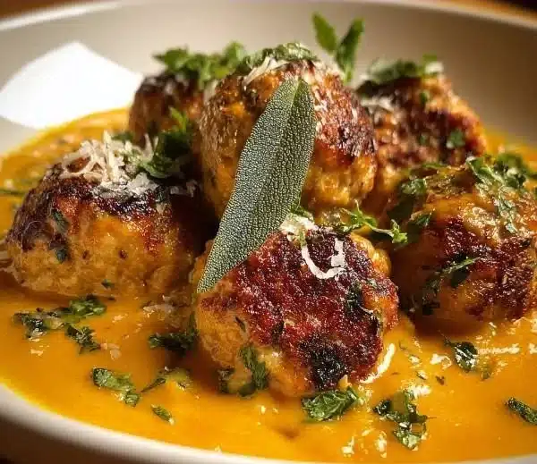 Turkey meatballs served in a creamy pumpkin sage sauce for a flavorful meal