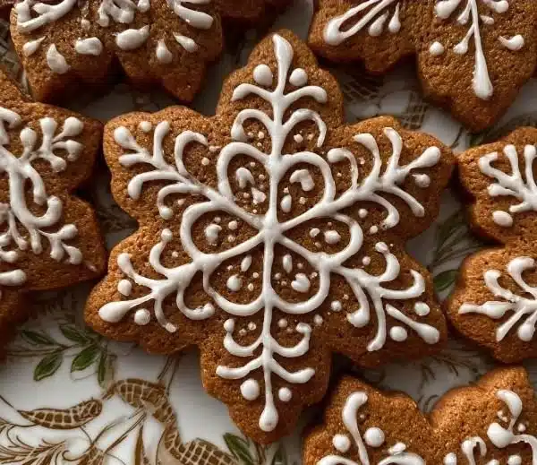 Warm spiced gingerbread cookies with sweet icing on a festive plate.