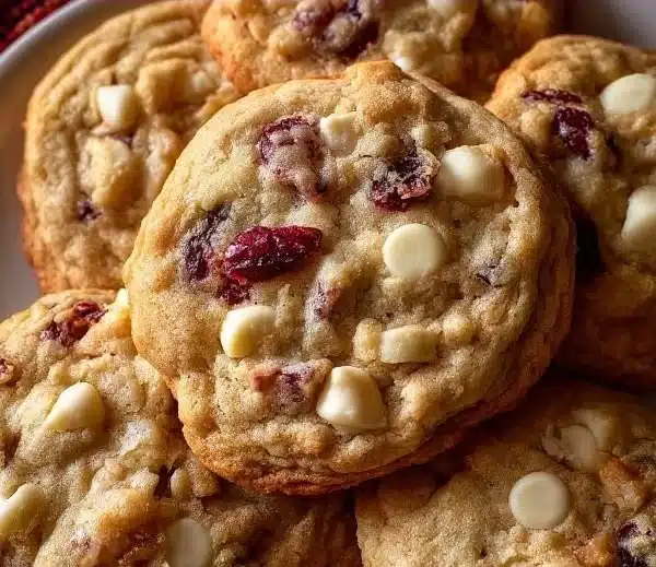 Freshly baked white chocolate cranberry cookies on a cooling rack