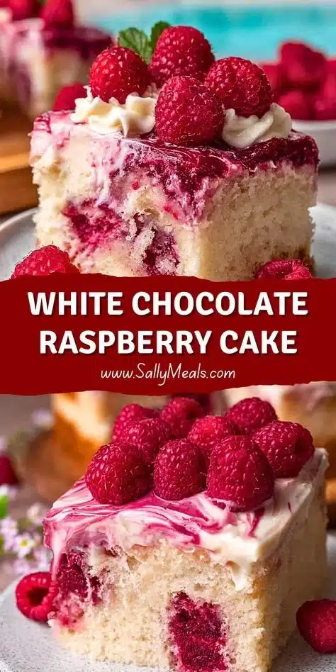 Delicious white chocolate raspberry cake with fresh raspberries and creamy frosting